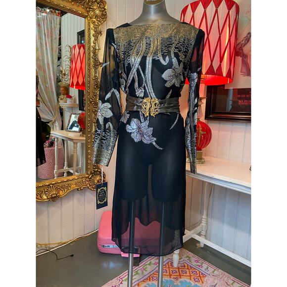 vintage 1970s sheer black dress with silver and gold lurex 70s fashion holiday m - Picture 1 of 10